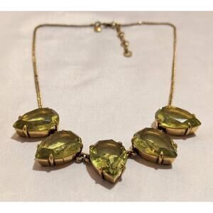 J.CREW Green Crystal Teardrop Bib Style Statement Necklace Gold Chain Pear Shape